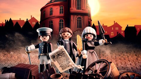 Drei Playmobilfiguren der Ausstellung "175 Jahre Paulskirche" 