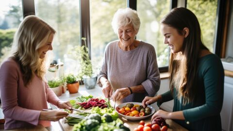 Eine Mahlzeit, die von drei Generationen von Frauen zubereitet wird