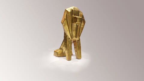 Die Trophäe des Hessischen Film- und Kinopreises, ein goldener, stilisierter Löwe